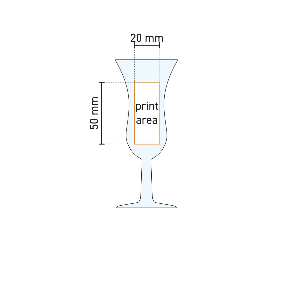 Technische werktekening van Intermezzo borrelglaasje 5 cl. met lange steel en gemarkeerd drukgebied.