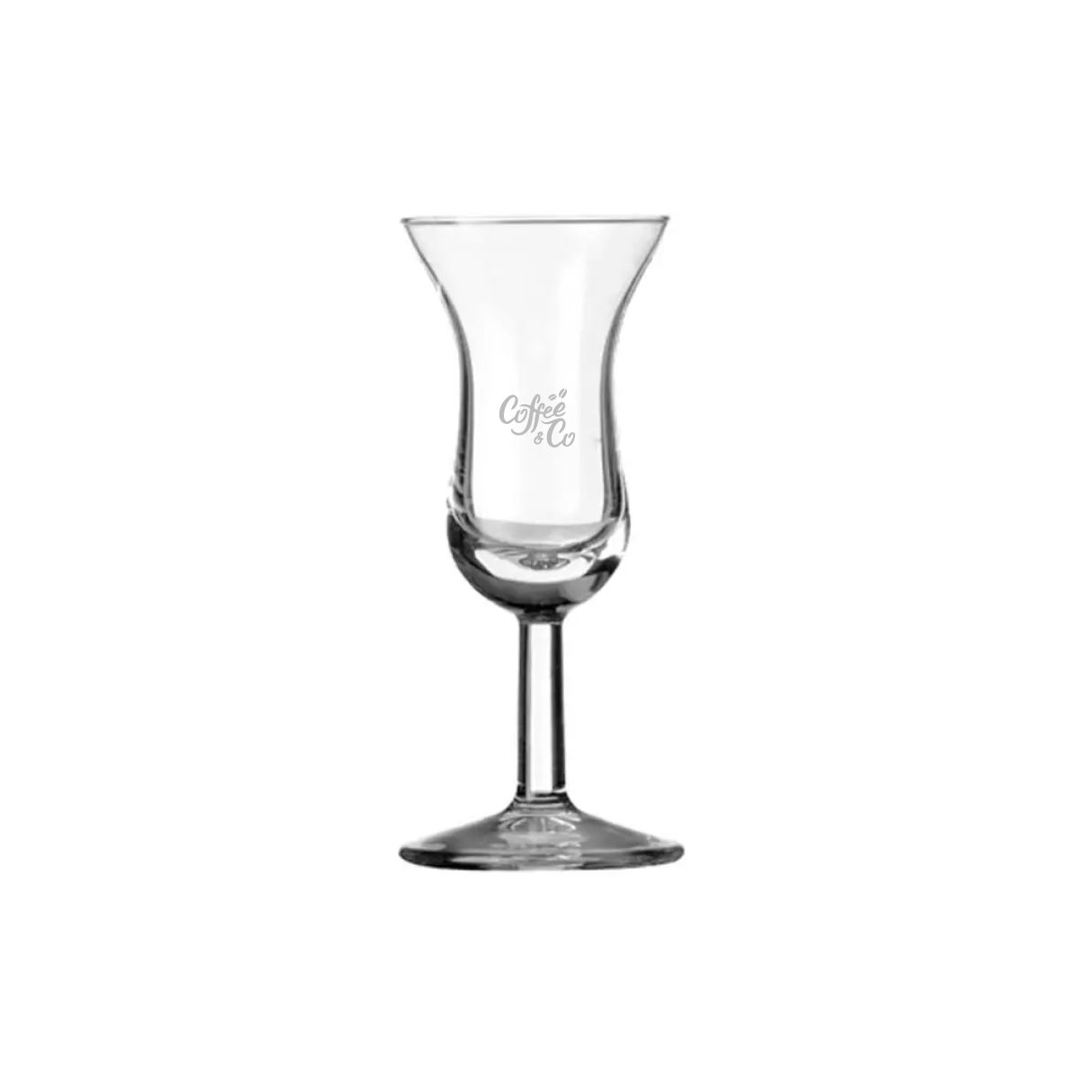 Glazen Intermezzo borrelglaasje 5 cl. met lange steel en gegraveerd CoffeeCo-logo in vooraanzicht.