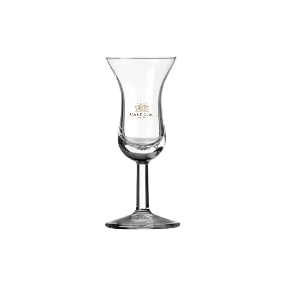 Intermezzo borrelglaasje 5 cl. van glas met lange steel, voorzien van meerkleurig CorkColor-logo op de voorkant.