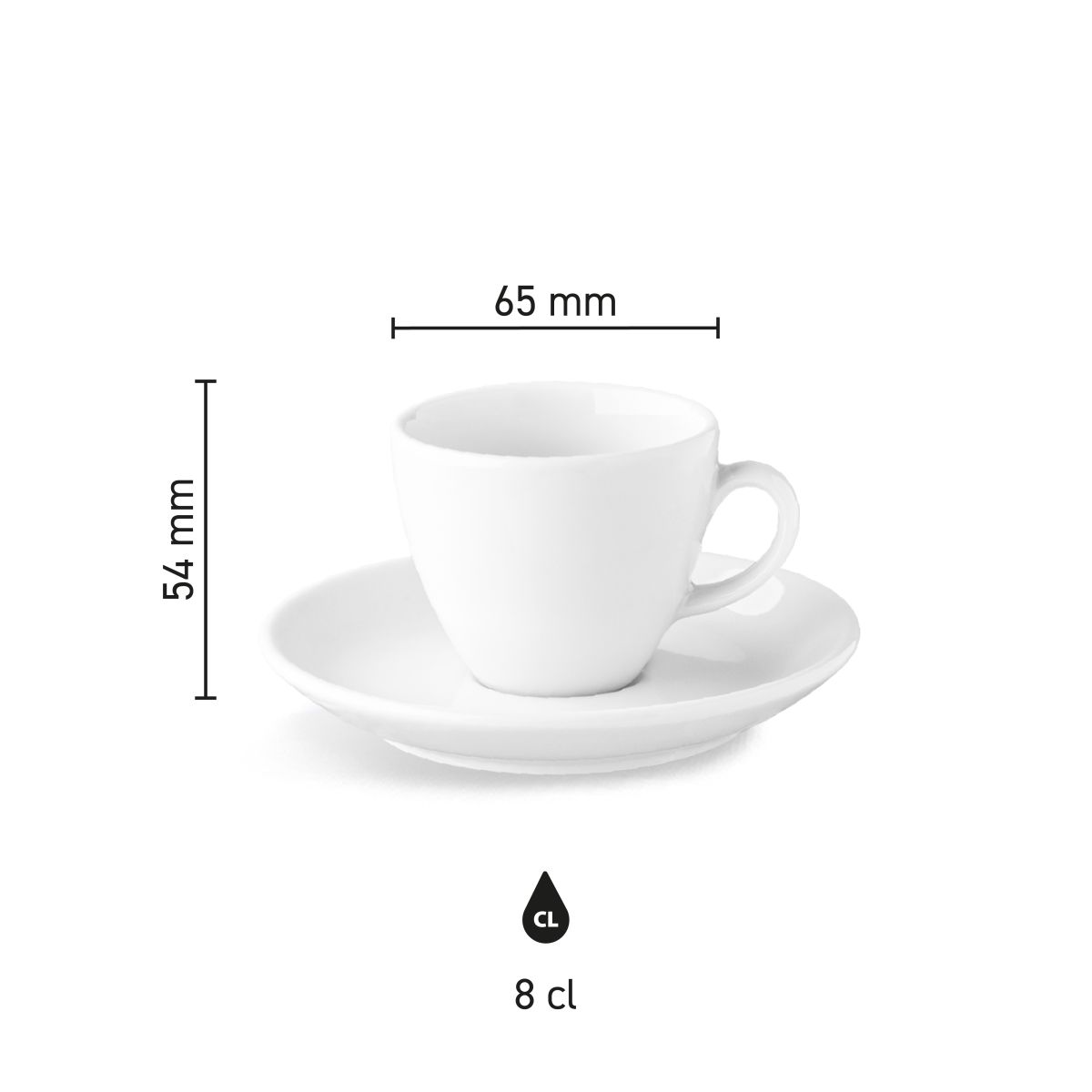 Isabelle Espresso 8 cl set porselein met gevulde espressokop op schotel, witte achtergrond
