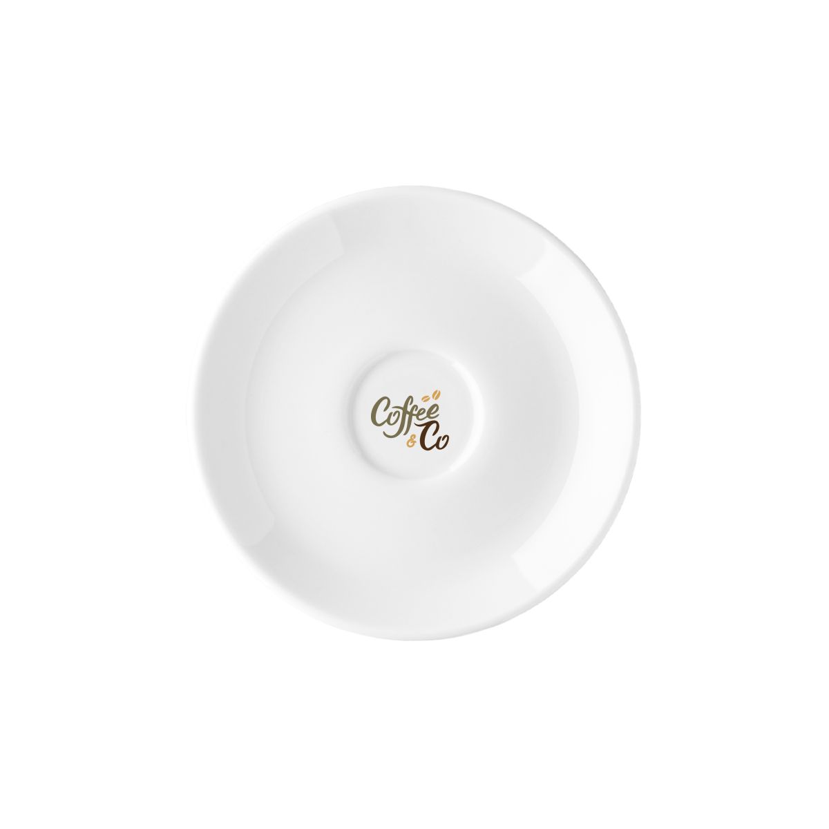 Isabelle Espresso Dish 11 cm porcelain, with a multicoloured CoffeeCo logo on the saucer