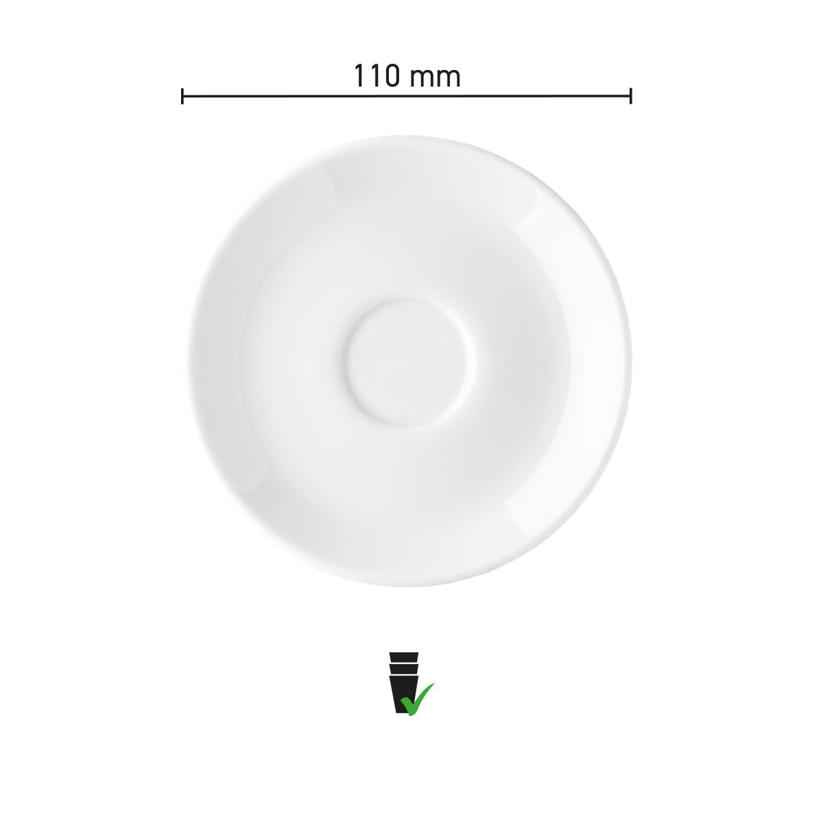 Dimensions of the Isabelle Espresso Saucer 11 cm (porcelain), showing diameter and height in an infographic