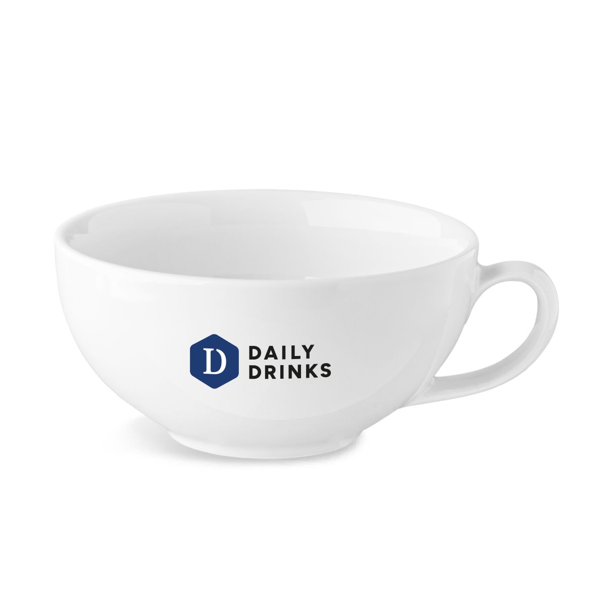 Isabelle latte mug 35 cl. porcelain, with a multicoloured DailyDrinks logo on the front