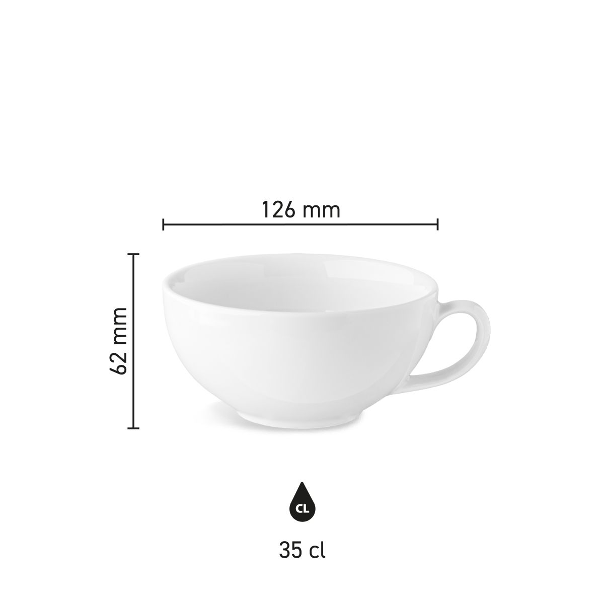 Dimensions of the Isabelle latte cup (35 cl/porcelain), showing height, diameter and capacity in an infographic