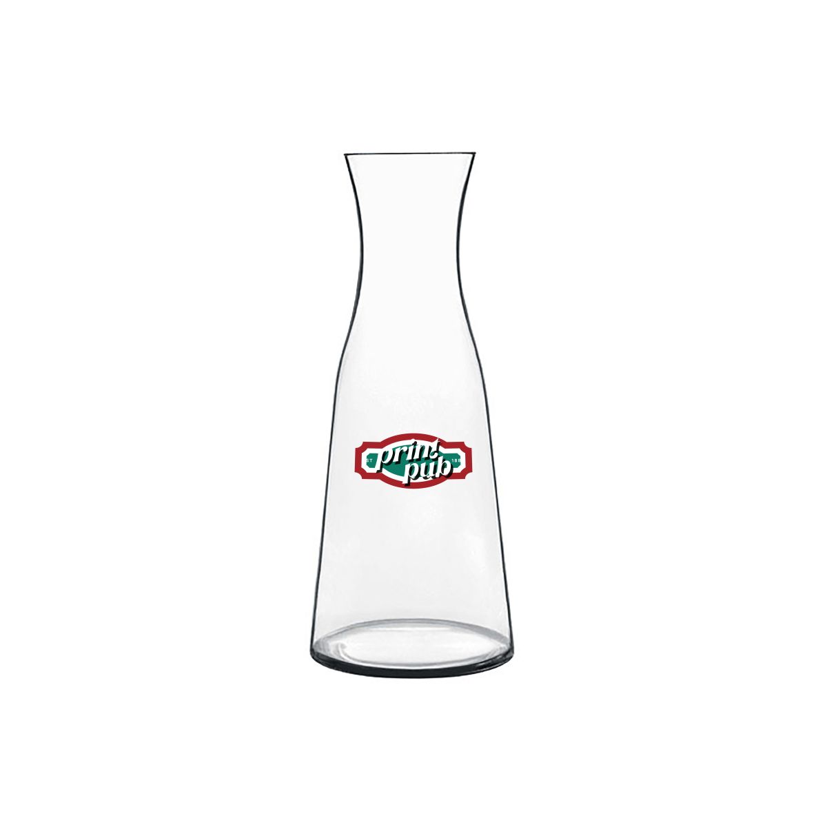 Atelier karaf 0,25 liter van glas met meerkleurig PrintPub-logo op het vooraanzicht bedrukt.