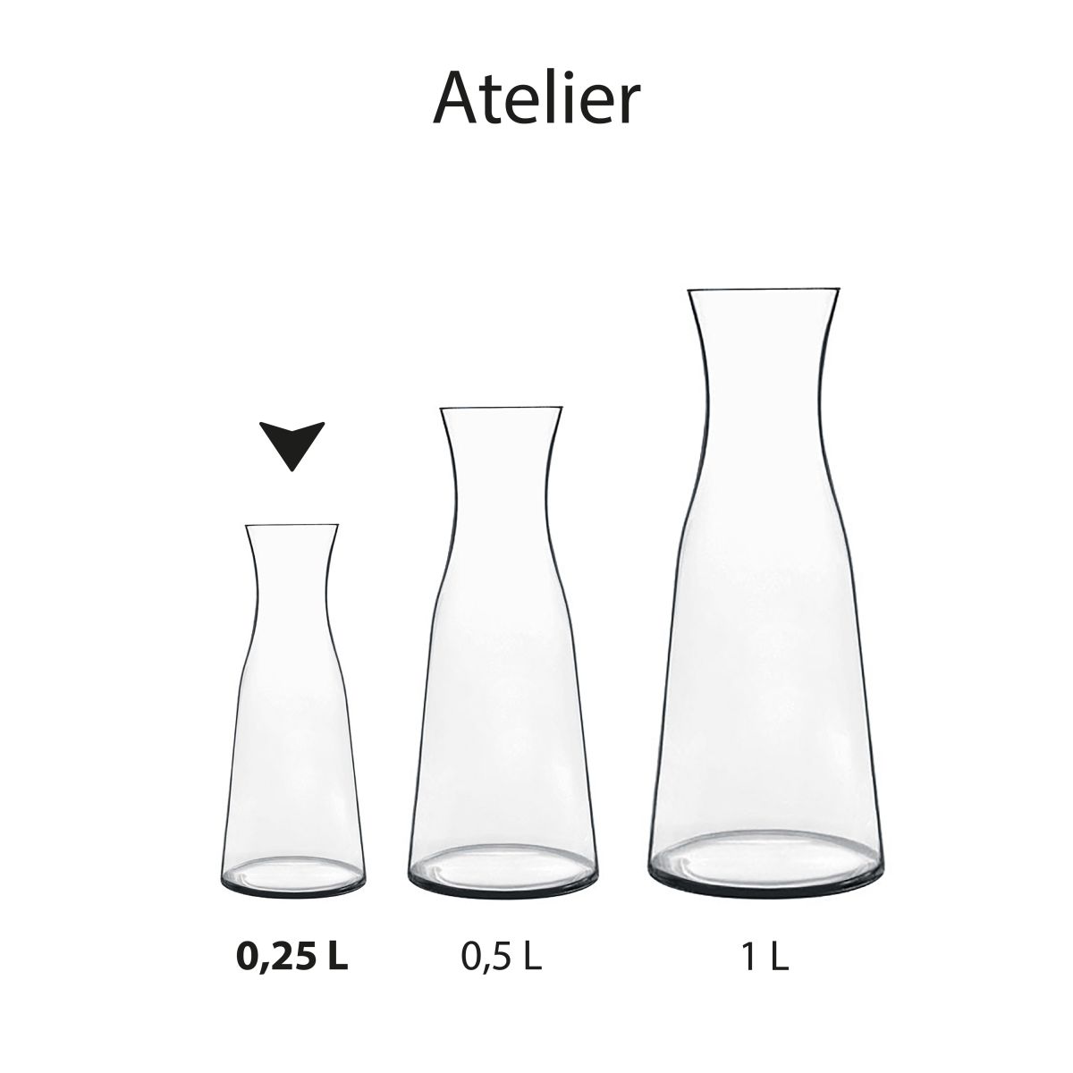 Karaf Atelier 0,25 liter afgebeeld in serie met andere glazen karaffen uit dezelfde collectie.