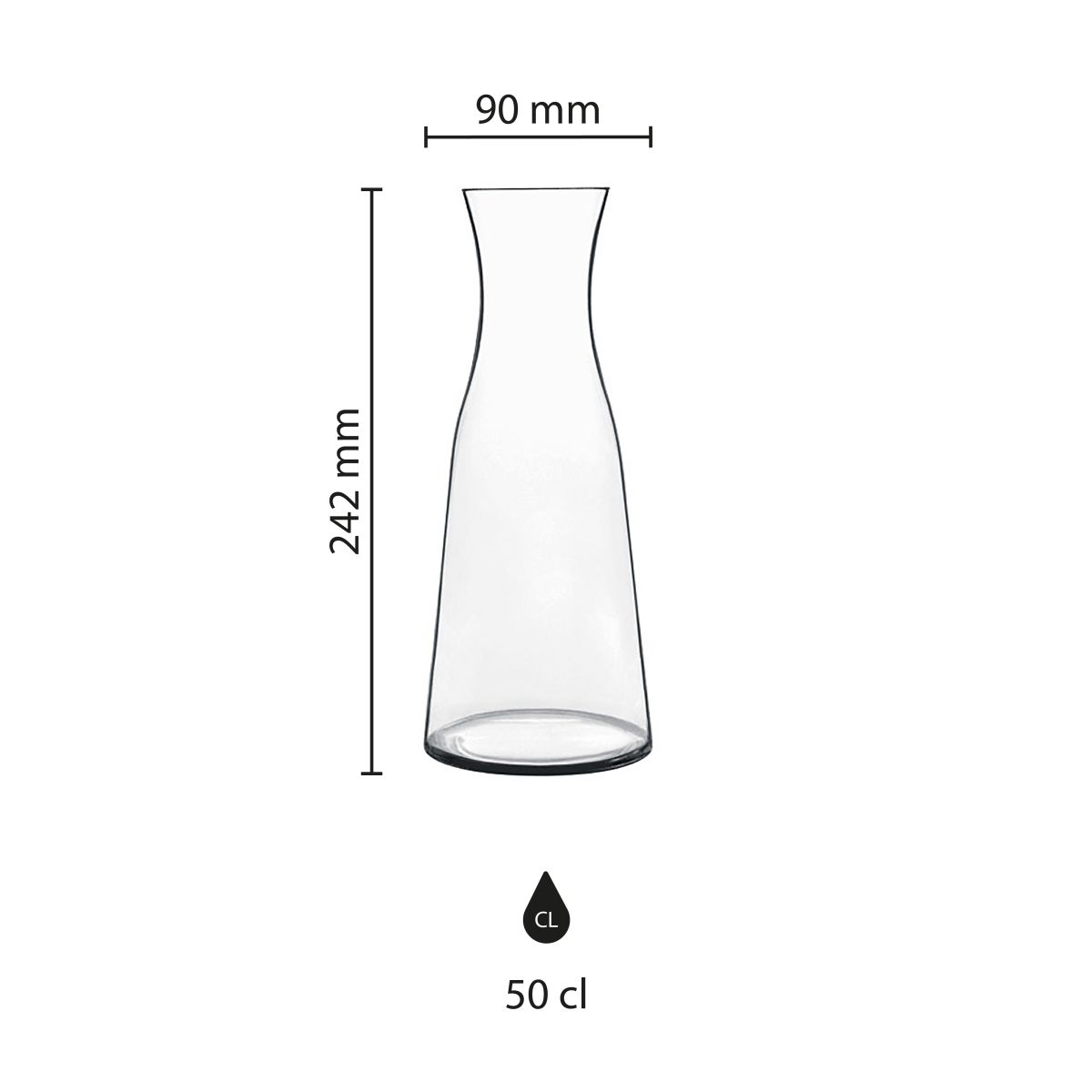 Technical working drawing of glass carafe 0.5 litres with indication of the pressure area on the surface.