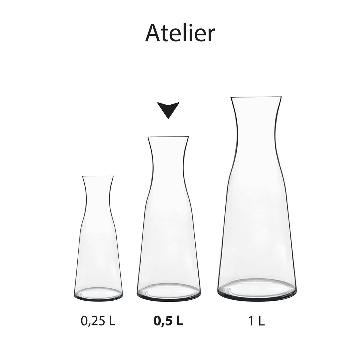 Series of glass Atelier decanters containing the 0.5-litre Atelier variant as part of the series.