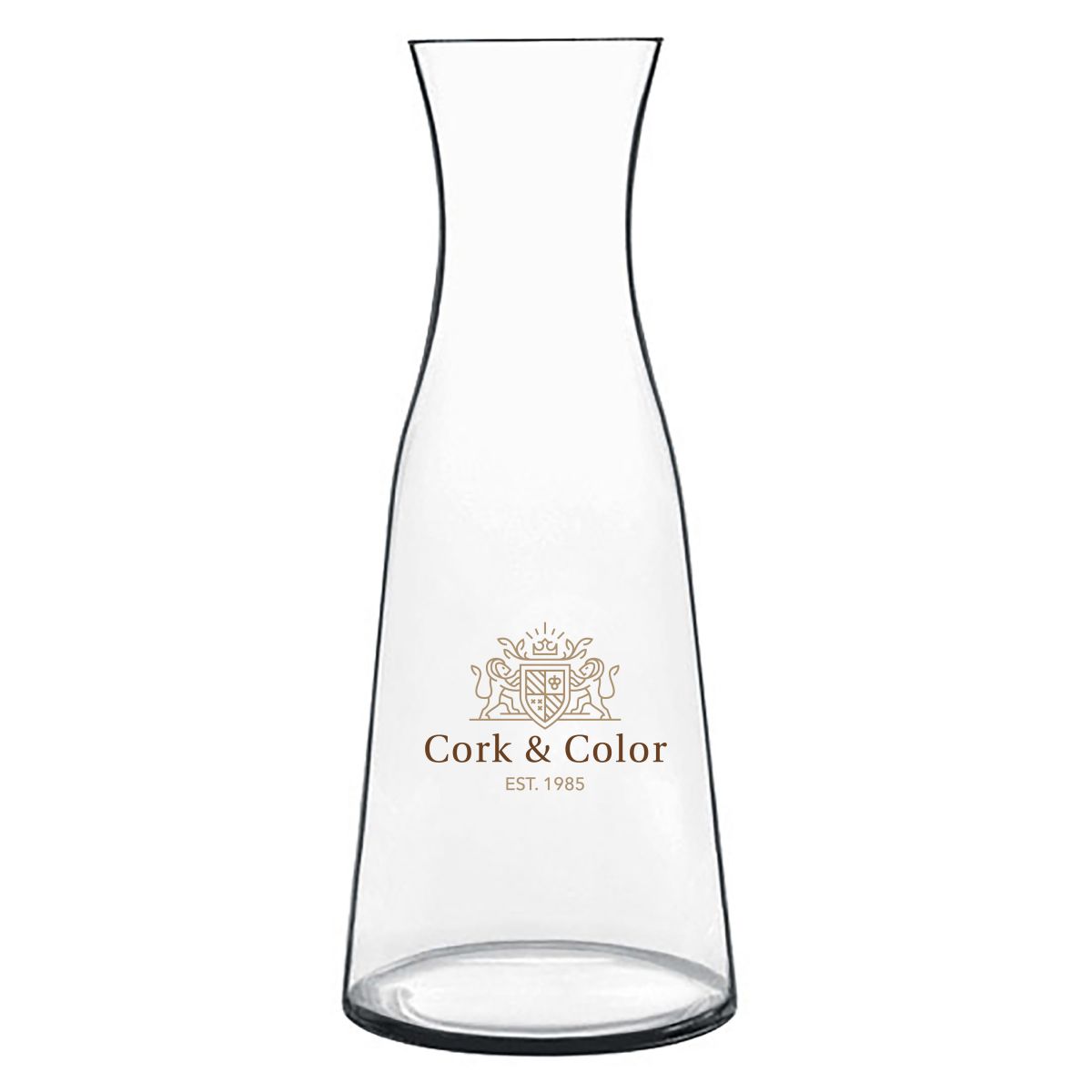 Atelier karaf 1 liter van glas met meerkleurig CorkColor-logo op het vooraanzicht gedrukt.