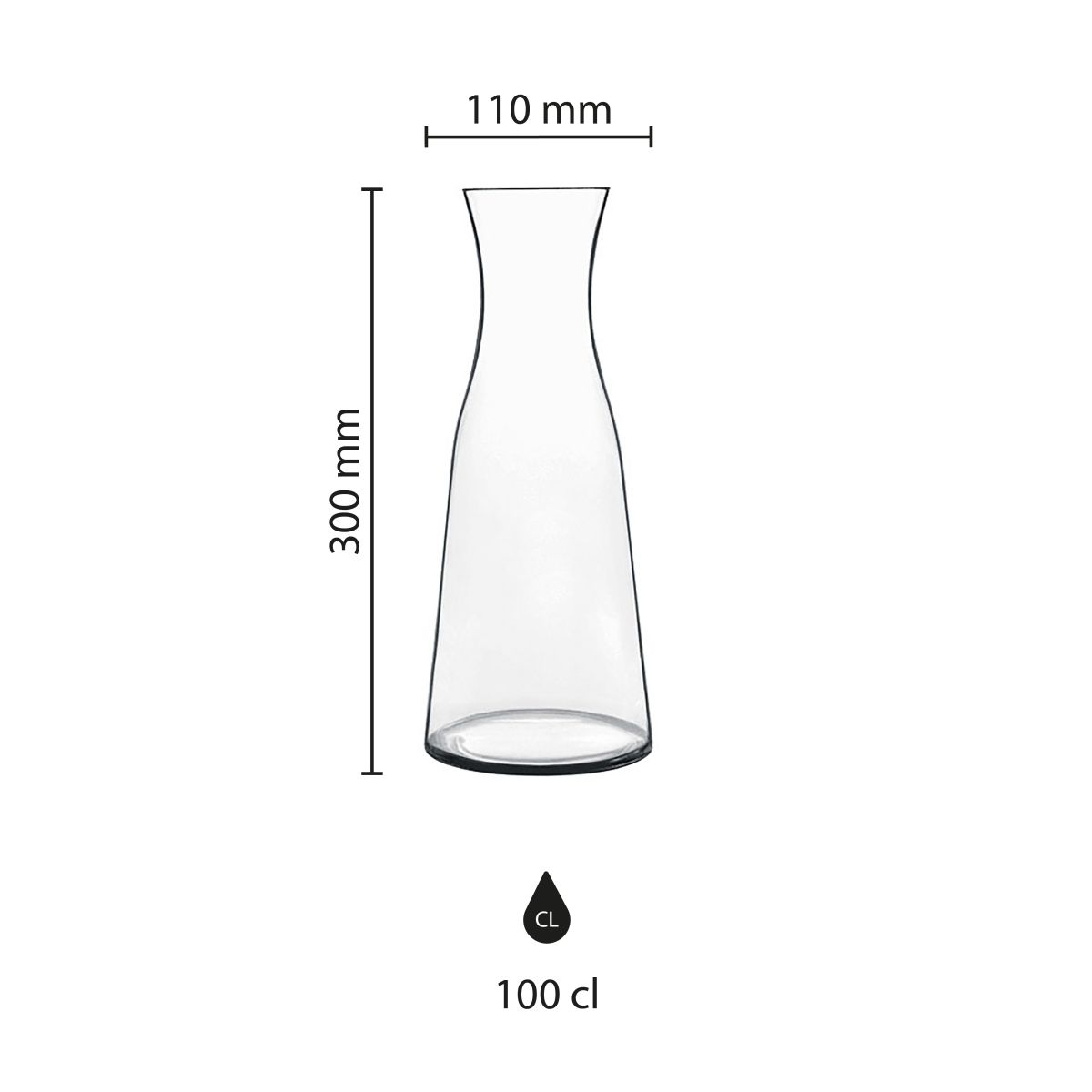 Technische werktekening van de glazen karaf 1 liter met het beschikbare drukgebied gemarkeerd.