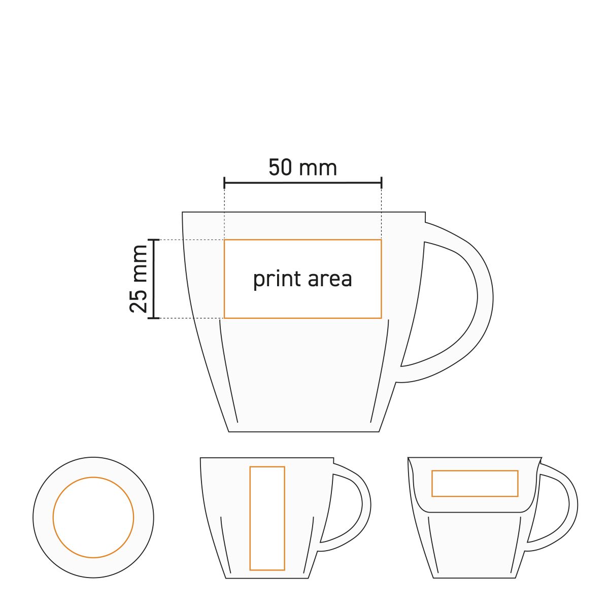 Technical working drawing of Kirsten coffee mug white 20 cl. SET porcelain with marked printing area.
