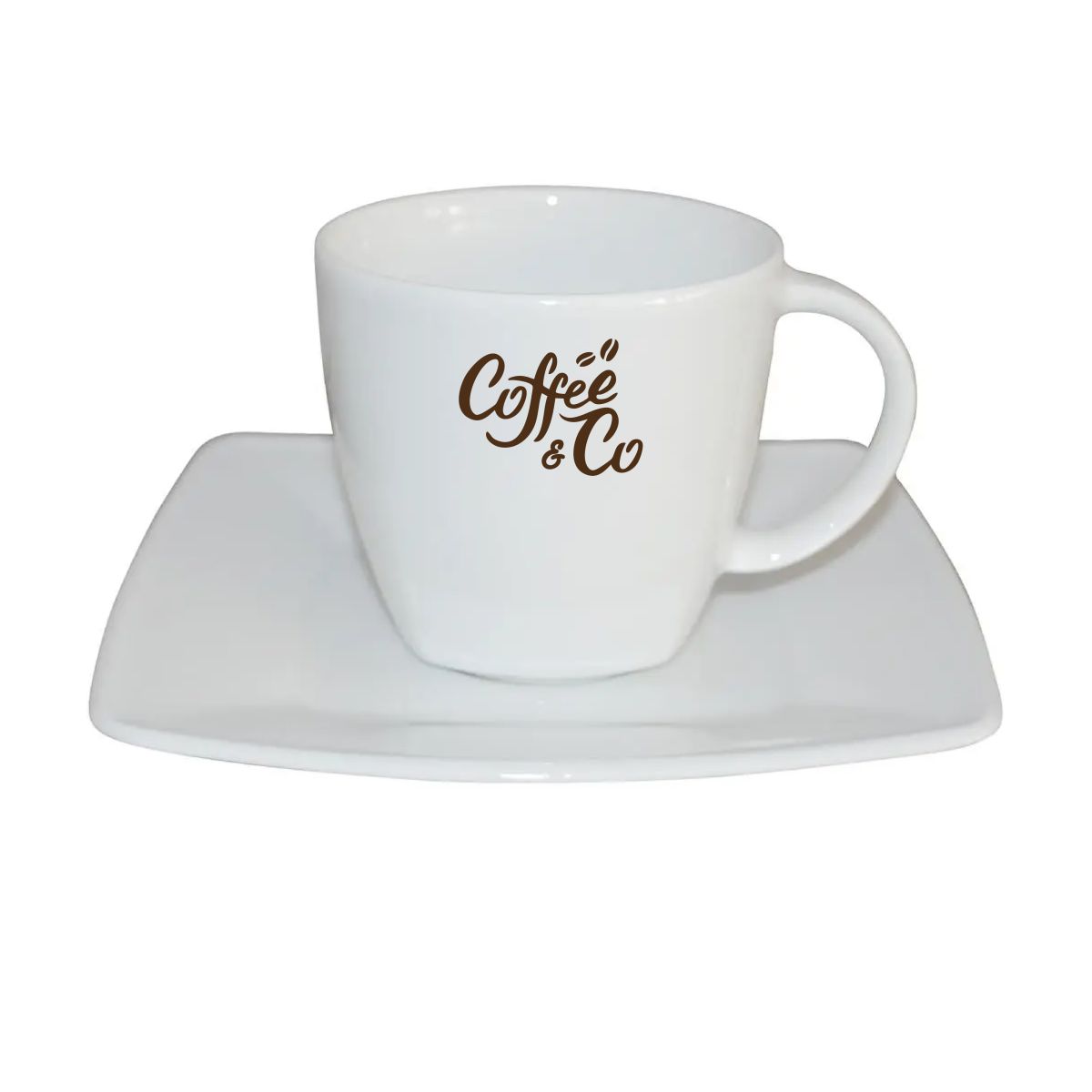 Kirsten coffee white 20 cl. SET porcelain in front view with one-coloured CoffeeCo logo centrally placed.