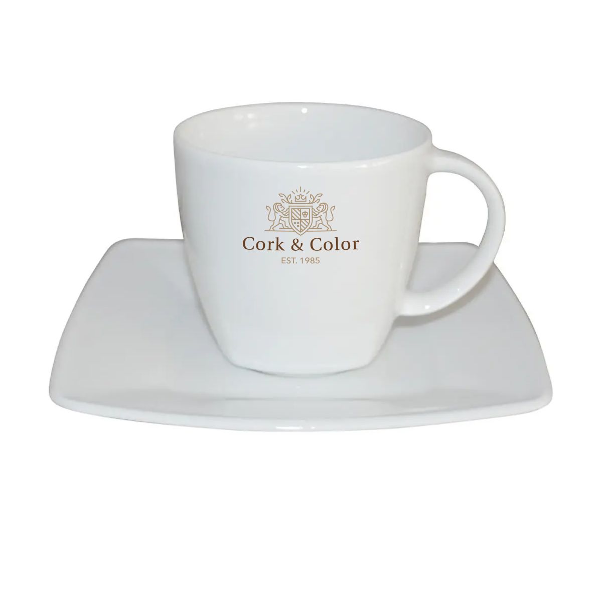 Porcelain Kirsten coffee white 20 cl. SET, front view with multicoloured CorkColor logo.