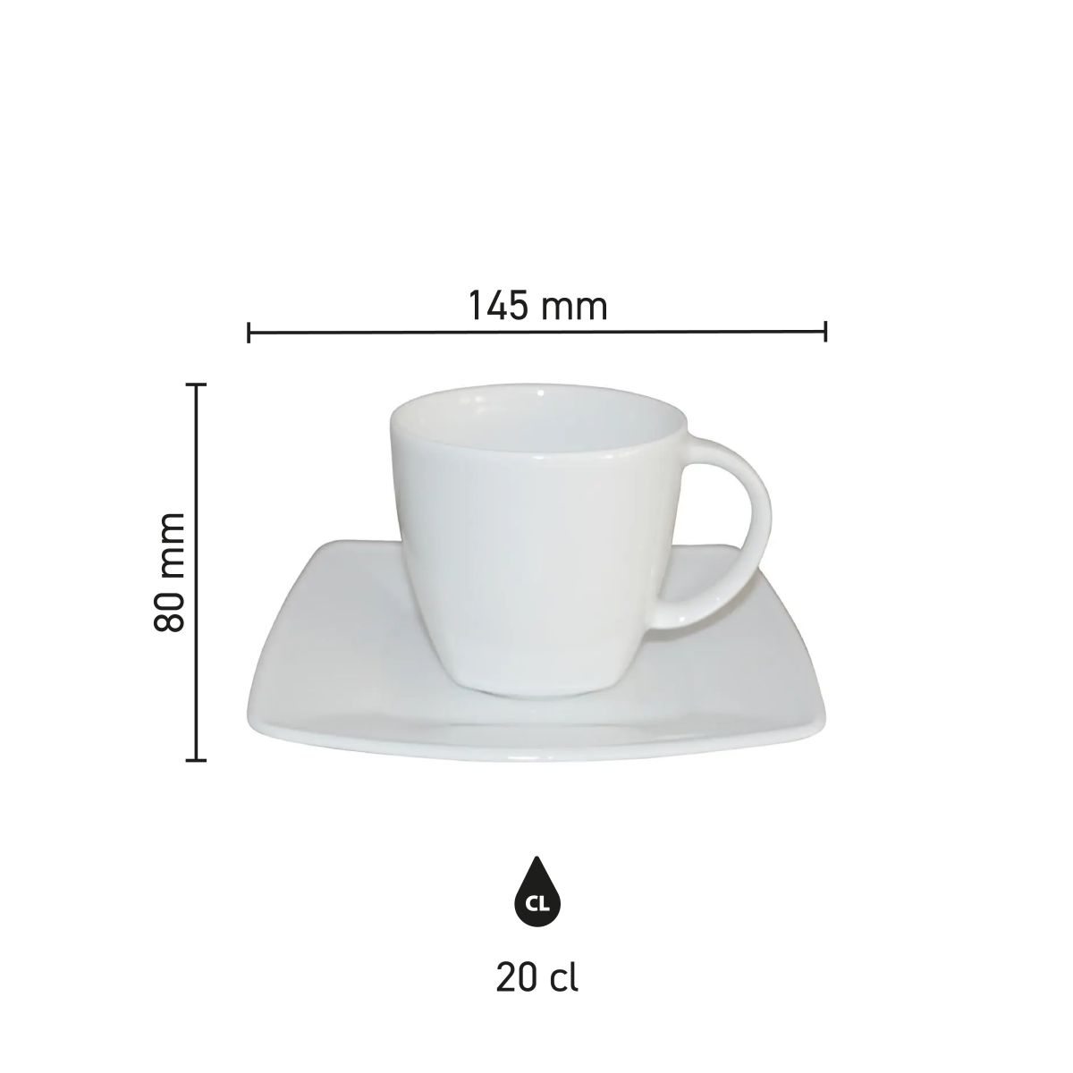 Infographic showing product dimensions of Kirsten coffee mug white 20 cl SET porcelain, including height and diameter.