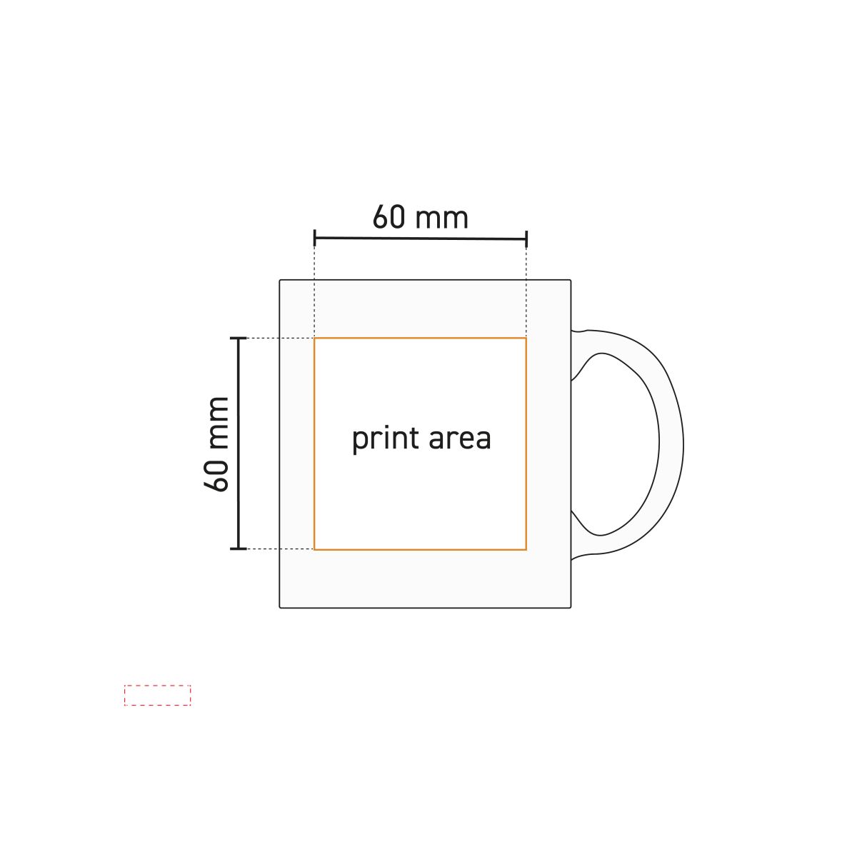 Technical working drawing of Kitty mug 30 cl porcelain with marked printing area on front.