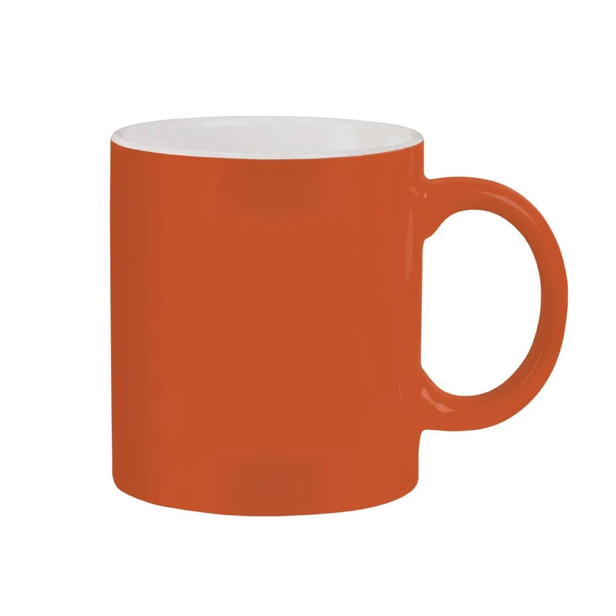 Front view of orange-white Kitty mug 30 cl in porcelain, overlooking the smooth cylindrical shape and wide ear.