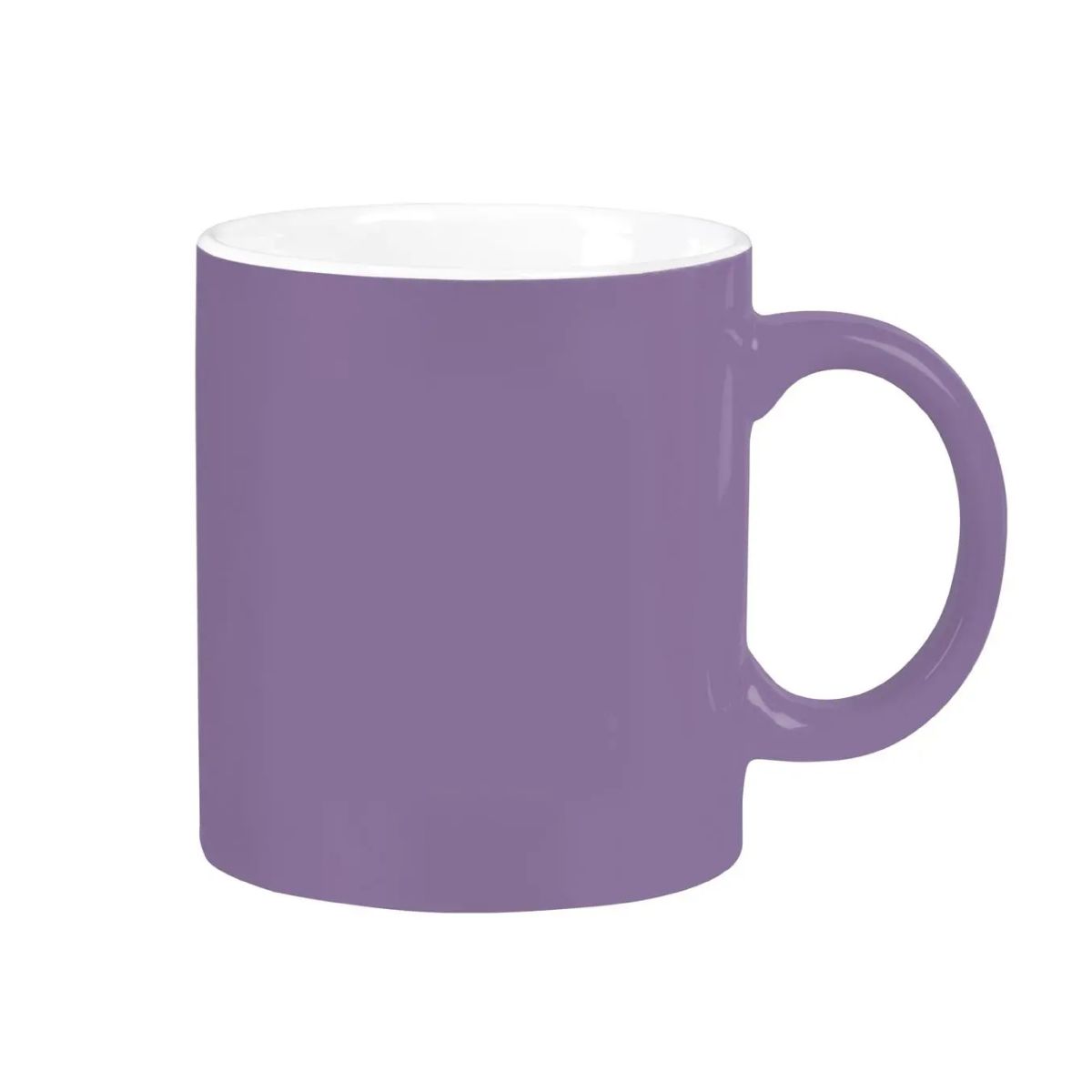 Front view of purple-white Kitty mug 30 cl in porcelain, overlooking the smooth cylindrical shape and wide ear.