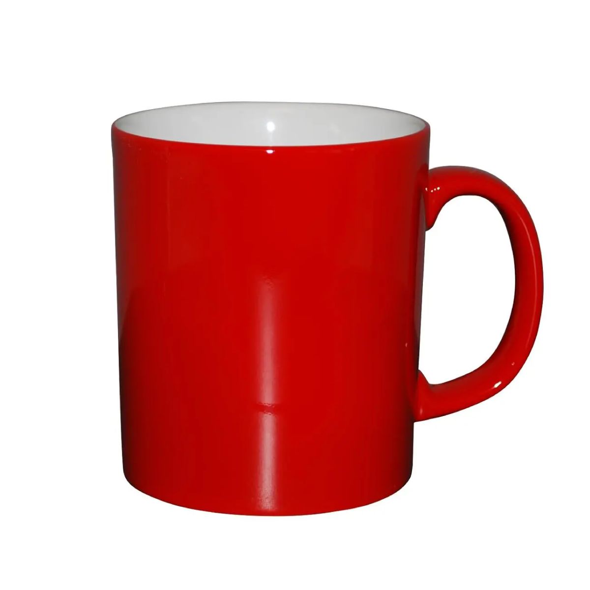 Front view of red and white Kitty mug 30 cl in porcelain, overlooking the smooth cylindrical shape and wide ear.