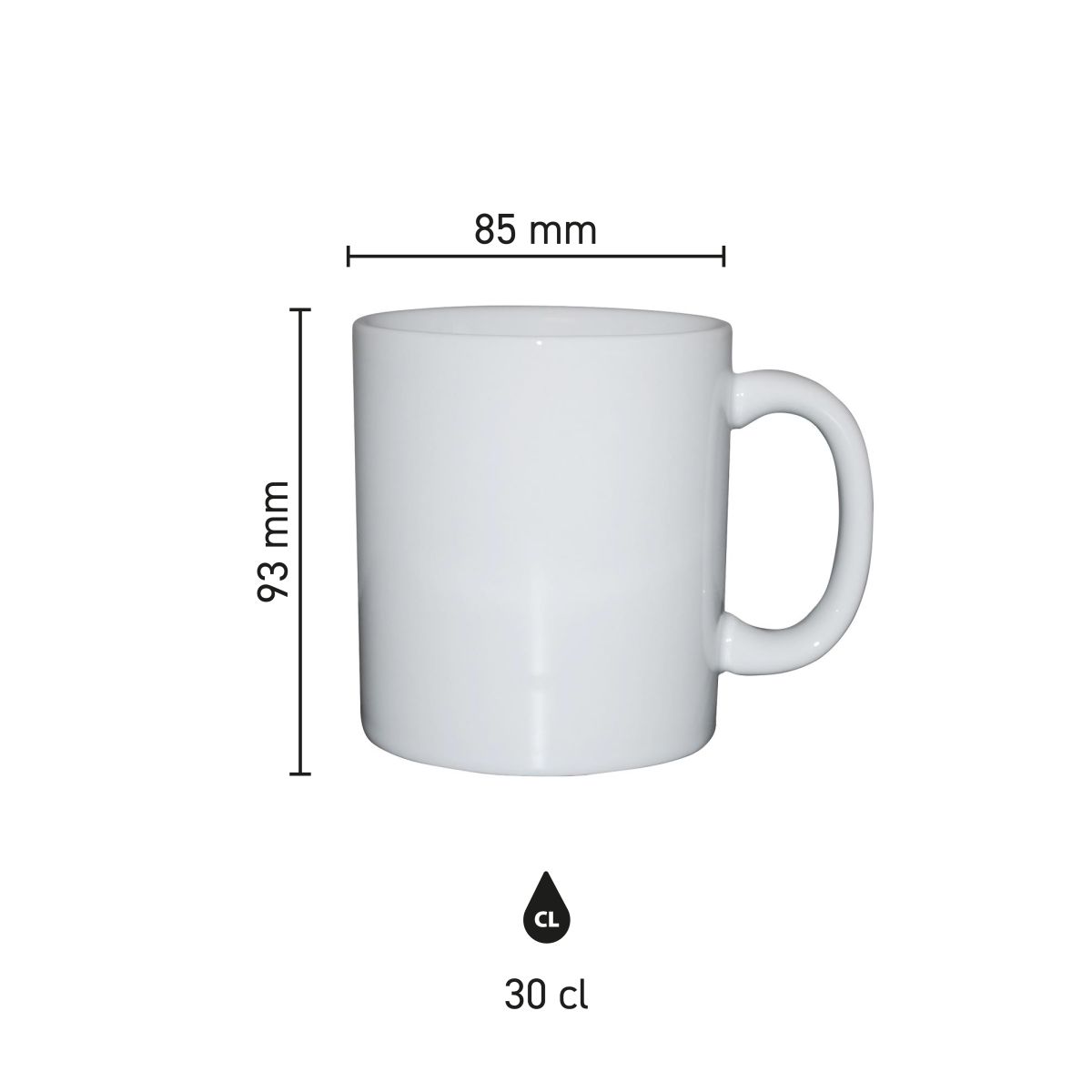 Infographic shows dimensions of Kitty mug 30 cl in porcelain, with measurements in millimetres., infographic with dimensions