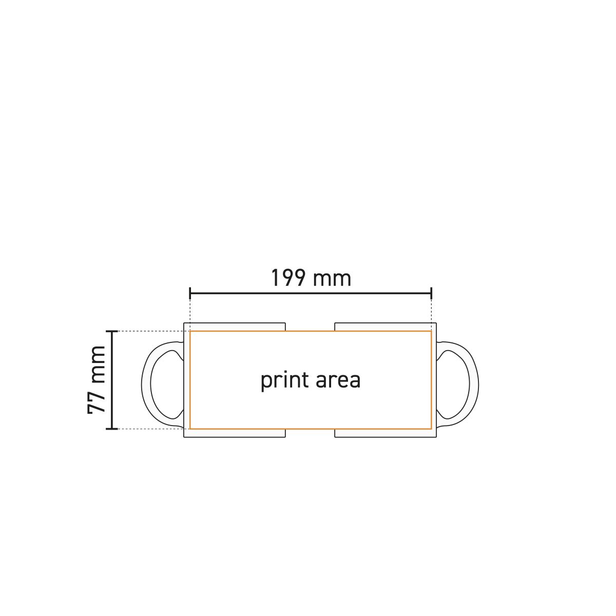 Technical working drawing of Kitty mug 30 cl in stainless steel with marked printing area for printing.