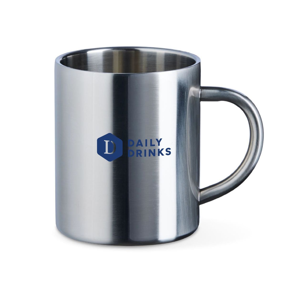 Single-colour DailyDrinks logo printed on the front of the Kitty stainless steel mug with metallic background.