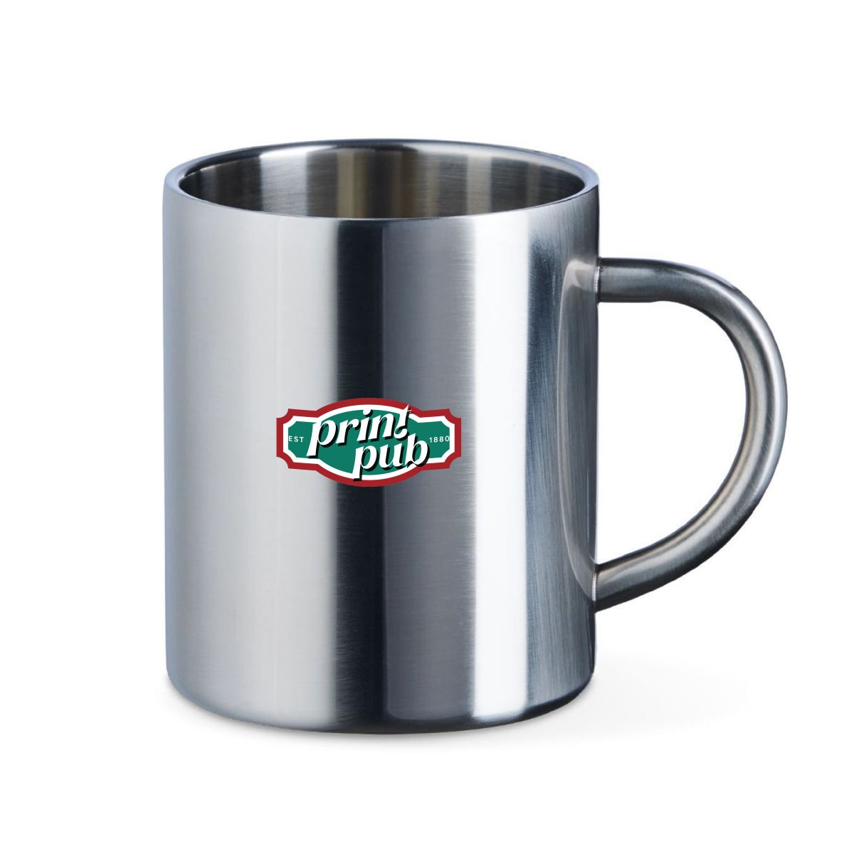 Front of Kitty mug 30 cl stainless steel features PrintPub logo in multiple colours on brushed steel.