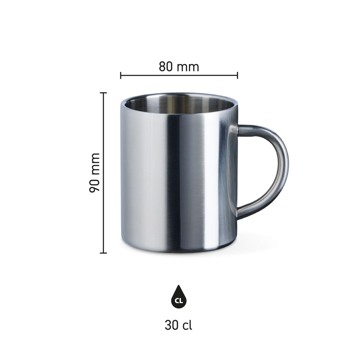 Infographic of Kitty stainless steel mug 30 cl with indication of height, diameter and content in picture.