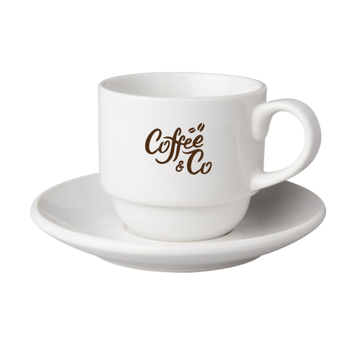 Front of Budgetline Wide cup and saucer white 20 cl porcelain with CoffeeCo logo in one-colour print.