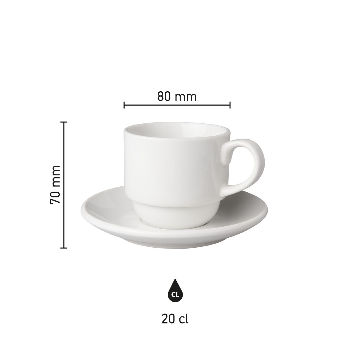 Infographic showing product dimensions of cup and saucer white Budgetline Wide 20 cl porcelain set.