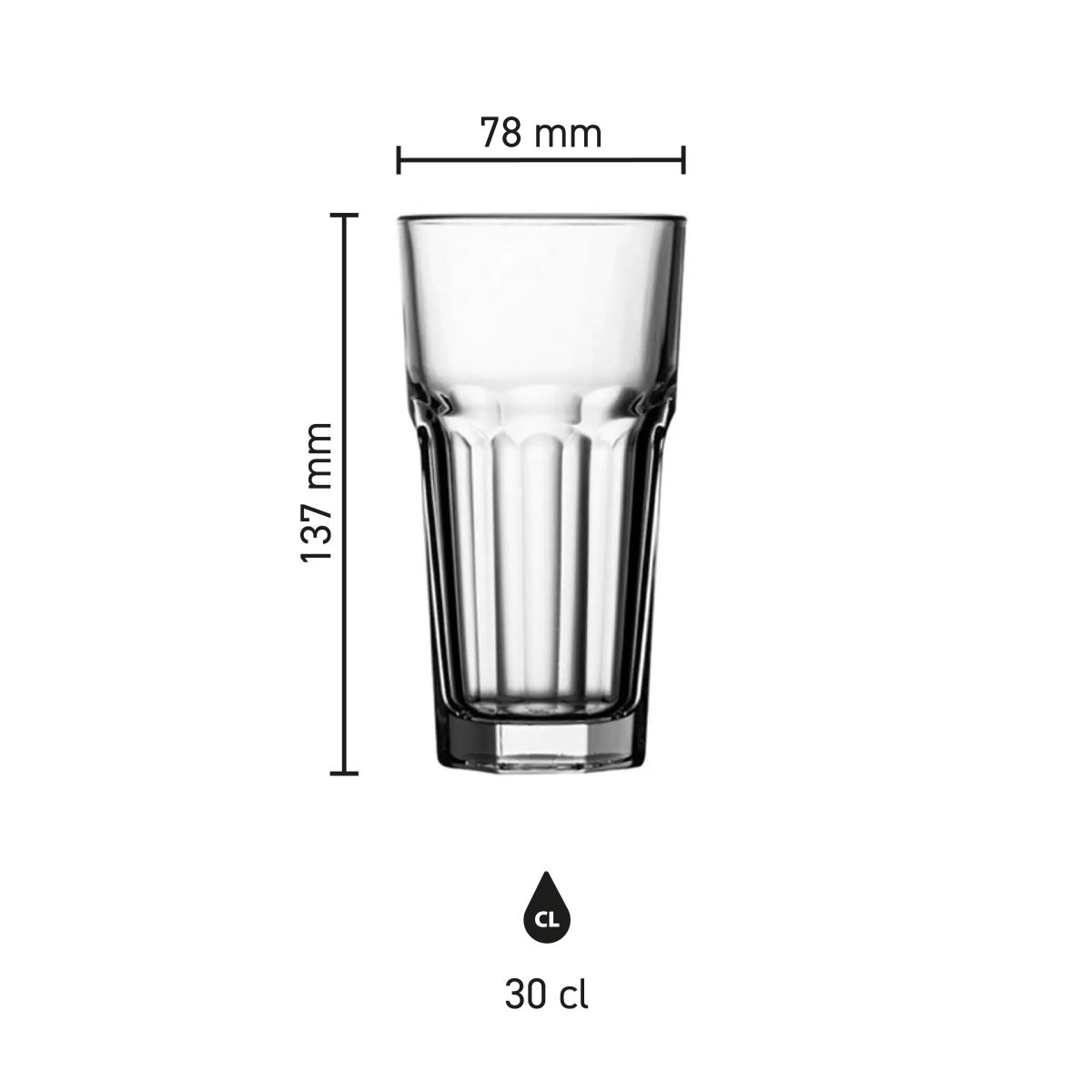Infographic met afmetingen van Latte Macchiato hoog 30 cl. (137 mm) inclusief hoogte en diameter.