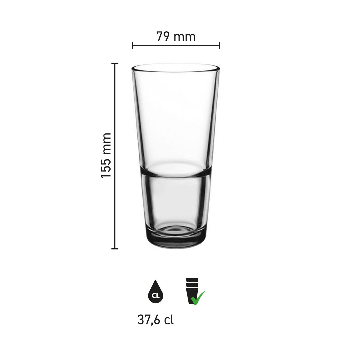 Infographic showing dimensions of the Latte Macchiato stack Grande S glass 37.6 cl, including diameter.