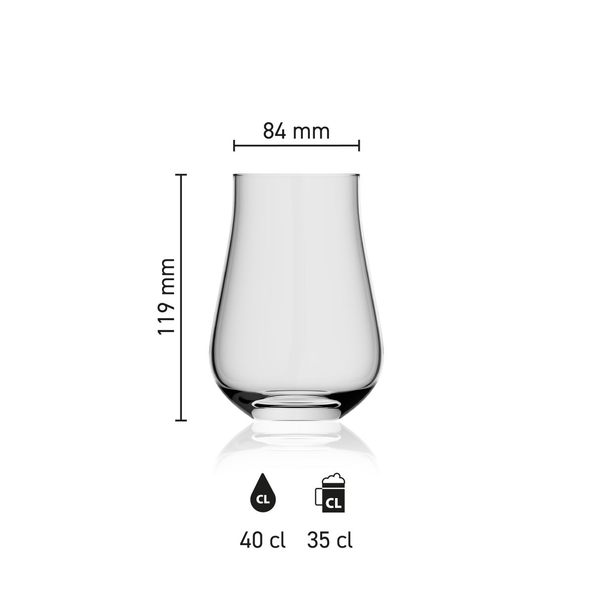 Maatvoering van het Lauren Glas 40 cl met hoogte, diameter en inhoud in infographic
