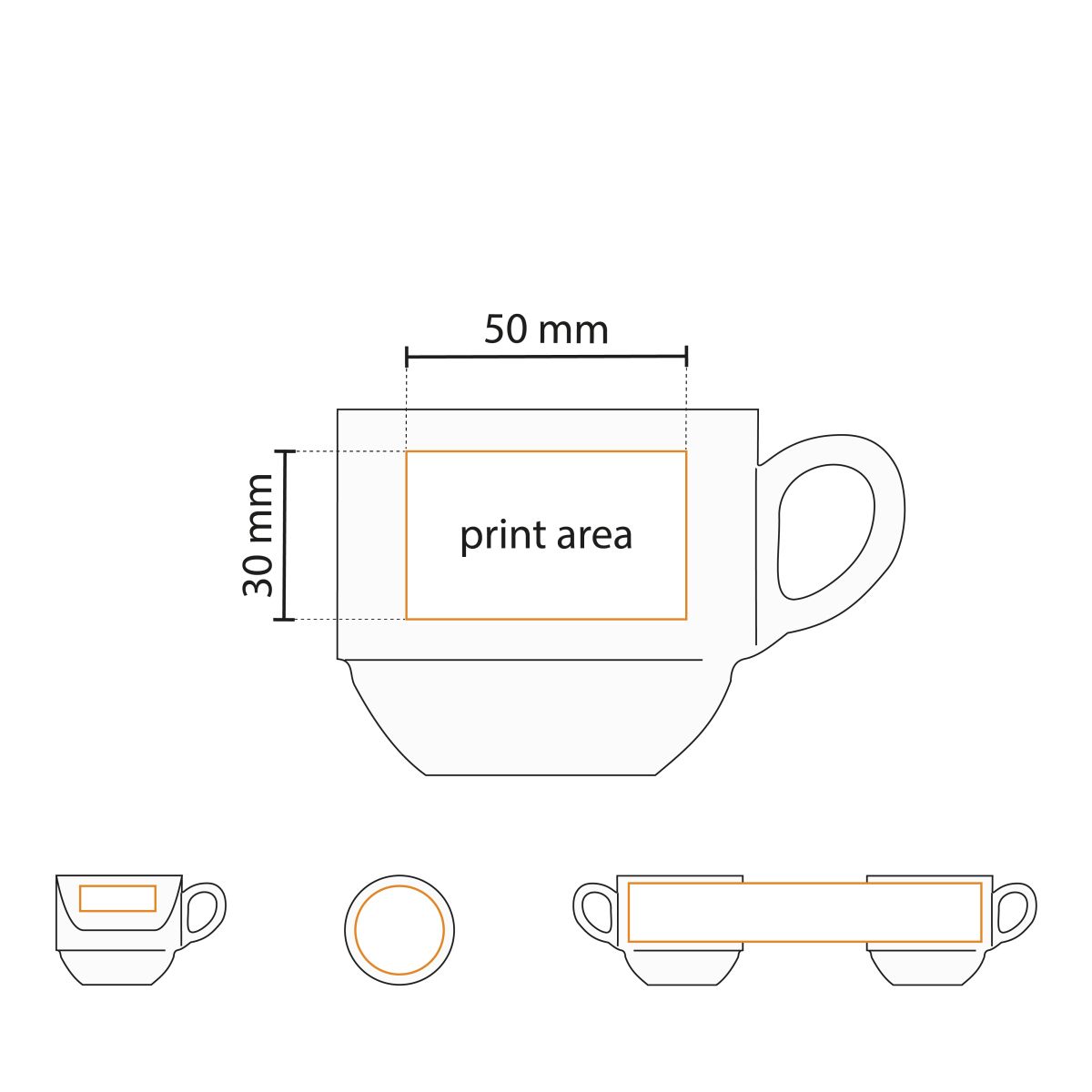 Working drawing indicates printing area on white 16-cl Legio coffee set in porcelain.