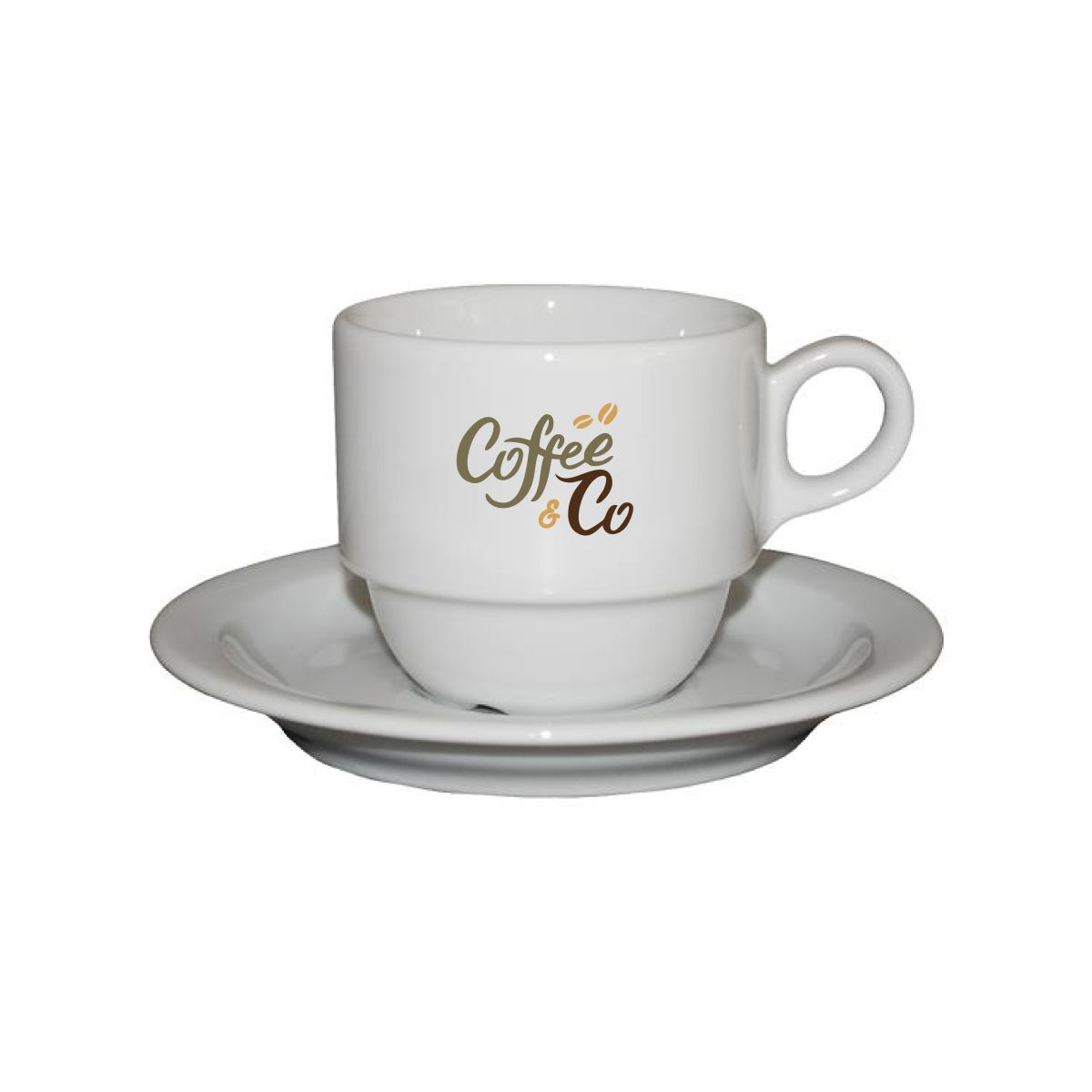 Legio Coffee white 16 cl. SET with multicoloured logo of CoffeeCo visible on front view.