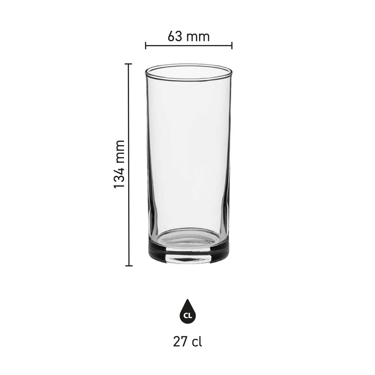 Afbeelding met afmetingen van het longdrinkglas 27 cl., inclusief inhoud, breedte en hoogte.