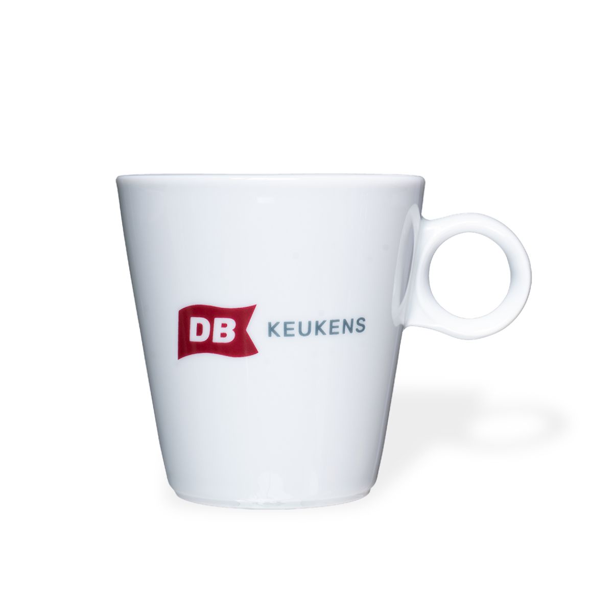Lukas white cappuccino cup, 19.5 cl, porcelain, with a multicoloured DB Keukens logo on the front