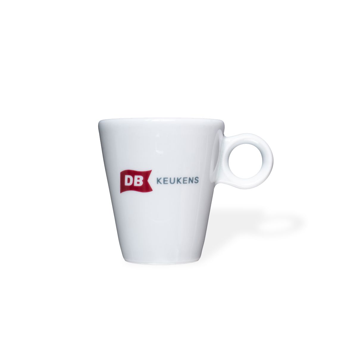 Lukas espresso cup, 7.5 cl, made of white porcelain with a multicoloured DB Keukens logo on the front