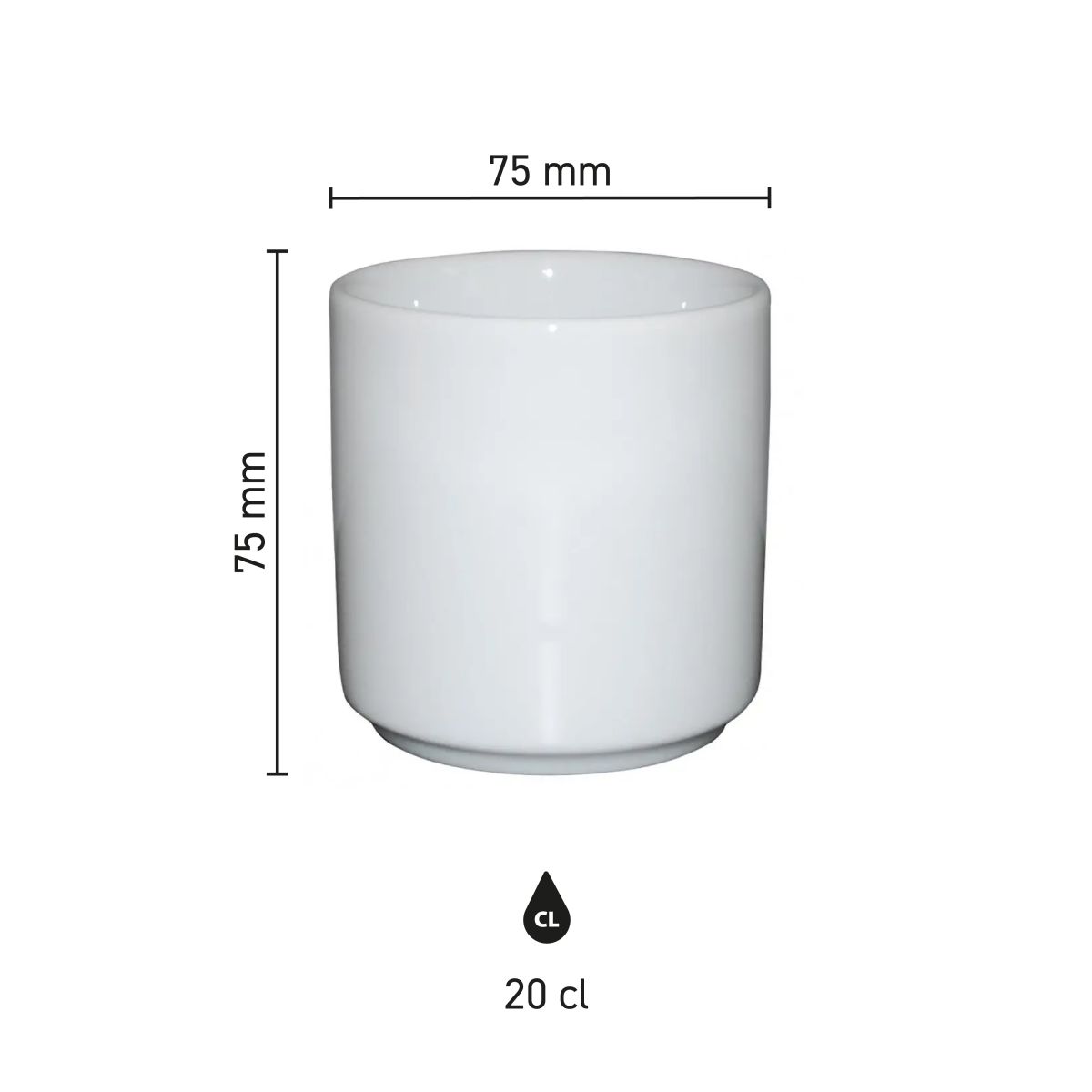 Size of the Margot mug without ear white 20 cl porcelain with height, diameter and capacity in infographic