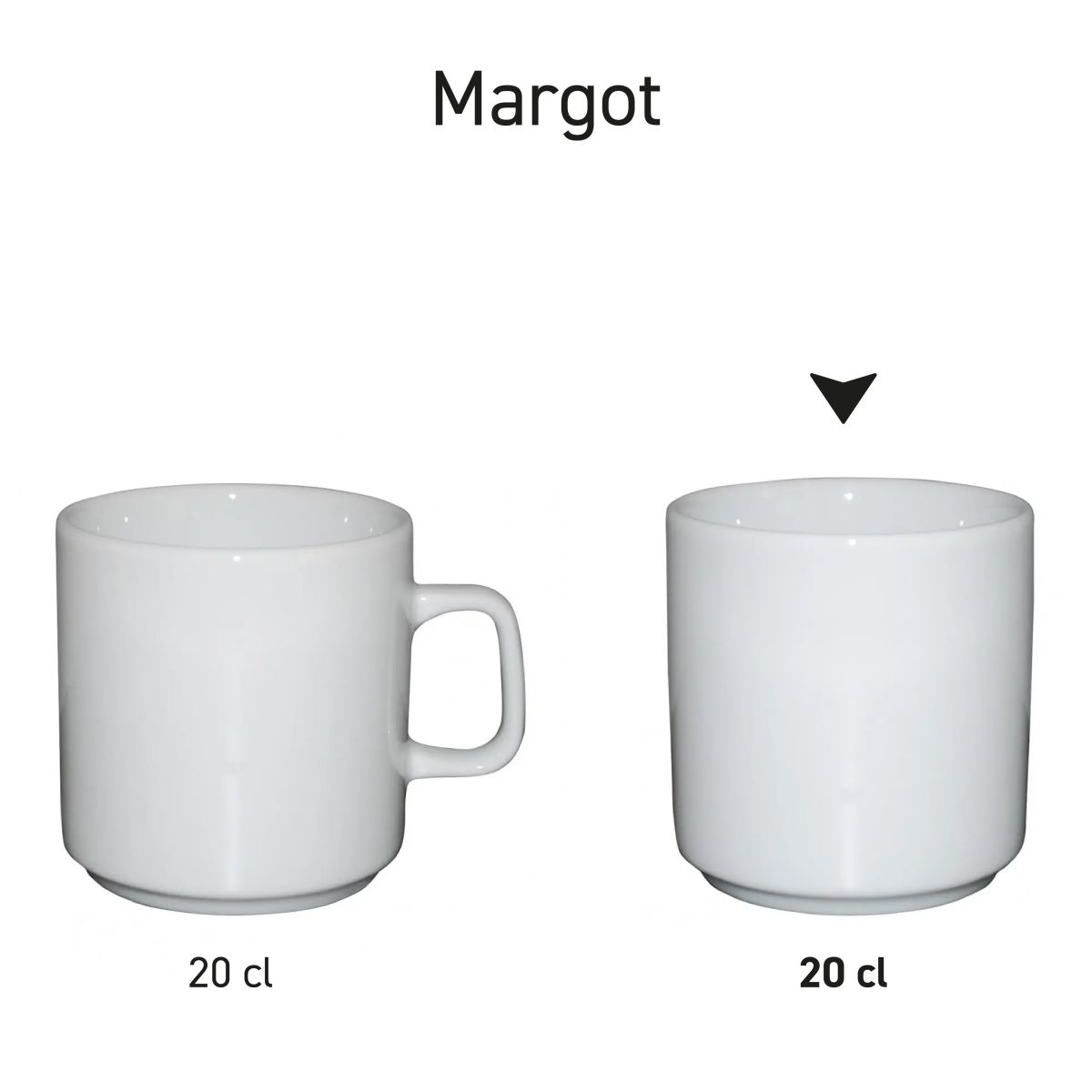 Margot mug without ear white 20 cl porcelain in series, multiple copies shown side by side