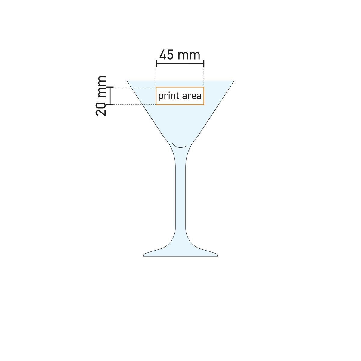 Technische werktekening met aanduiding van het drukgebied op het martini cocktailglas 21 cl.