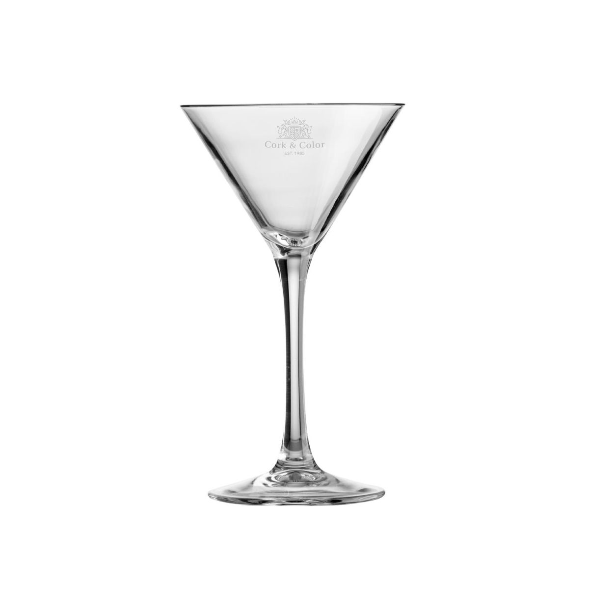 Martini cocktailglas van 21 cl met fijn gegraveerd CorkColor-logo zichtbaar op de voorkant.