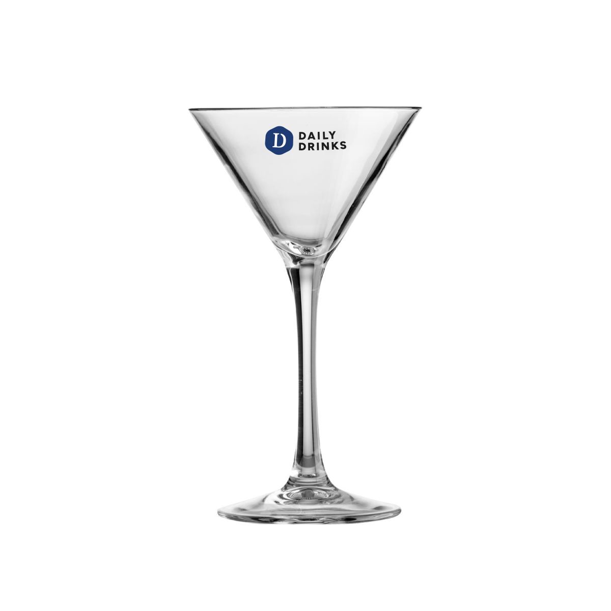 Transparant martiniglas van 21 cl met meerkleurig DailyDrinks-logo op de voorzijde gedrukt.