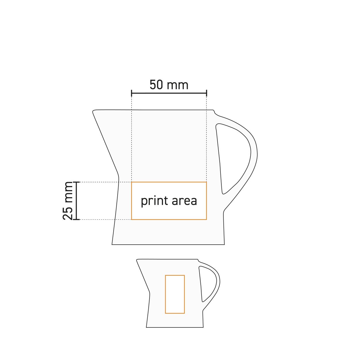 Working drawing of printing area on milk jug Eva 20 cl porcelain. with marked printing area.