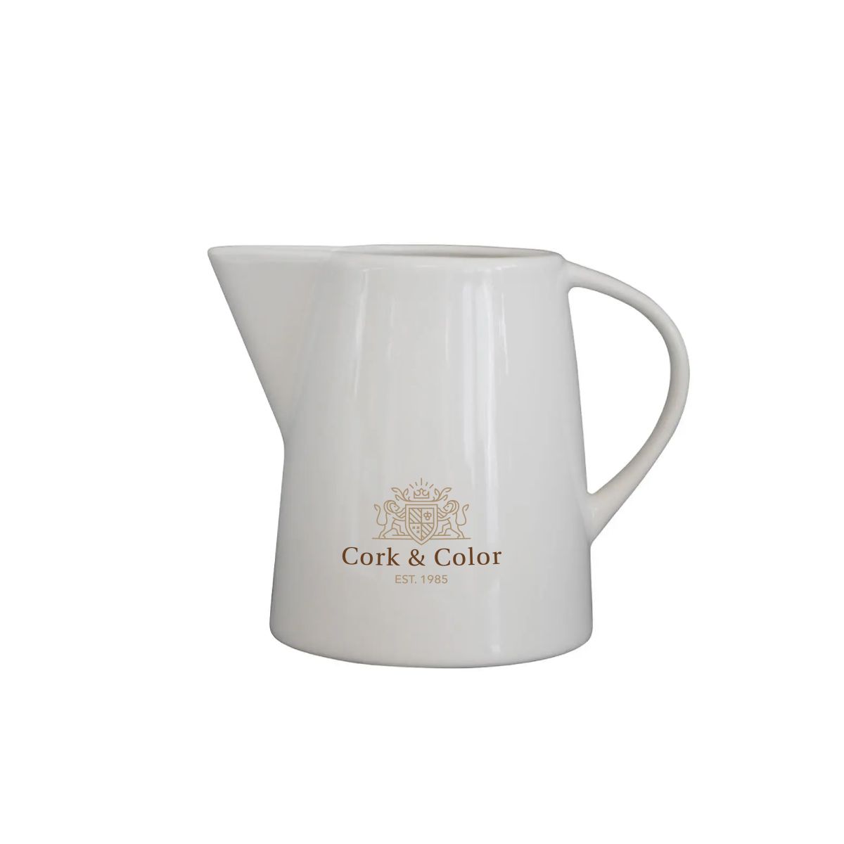 Milk jug Eva 20 cl. porcelain with multicoloured CorkColor logo on the front view.
