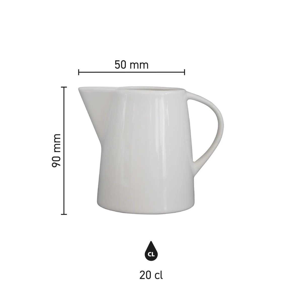 Infographic shows dimensions of porcelain milk jug Eva 20 cl. including height and diameter.