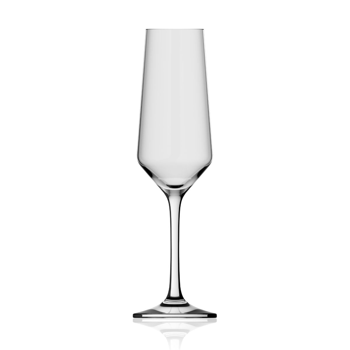 Vooraanzicht van Melody champagneglas 20 cl, slank transparant glas met smalle steel en licht uitlopende kelk.