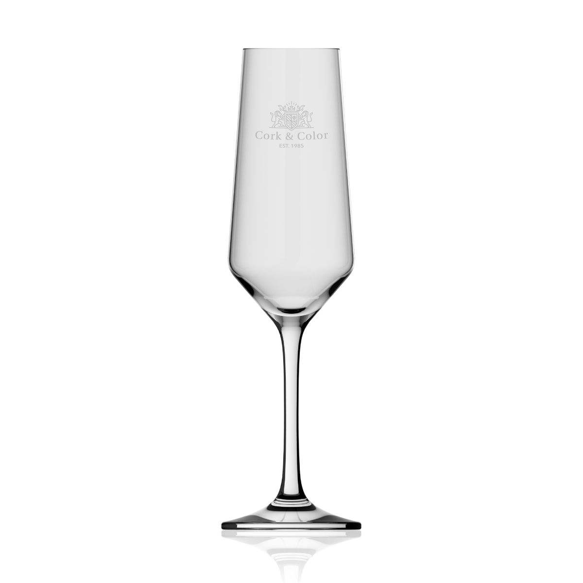 Engraved CorkColor logo on the front of the Melody champagne glass 20 cl, centrally positioned.
