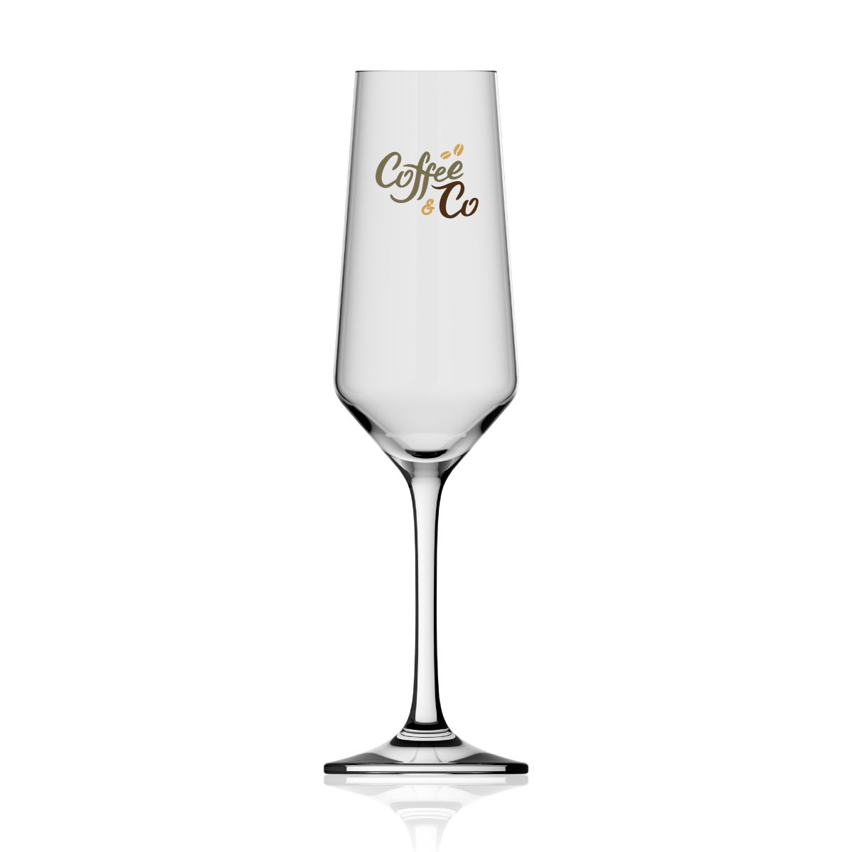 Front of Melody champagne glass 20 cl printed with multicoloured CoffeeCo logo on transparent background.