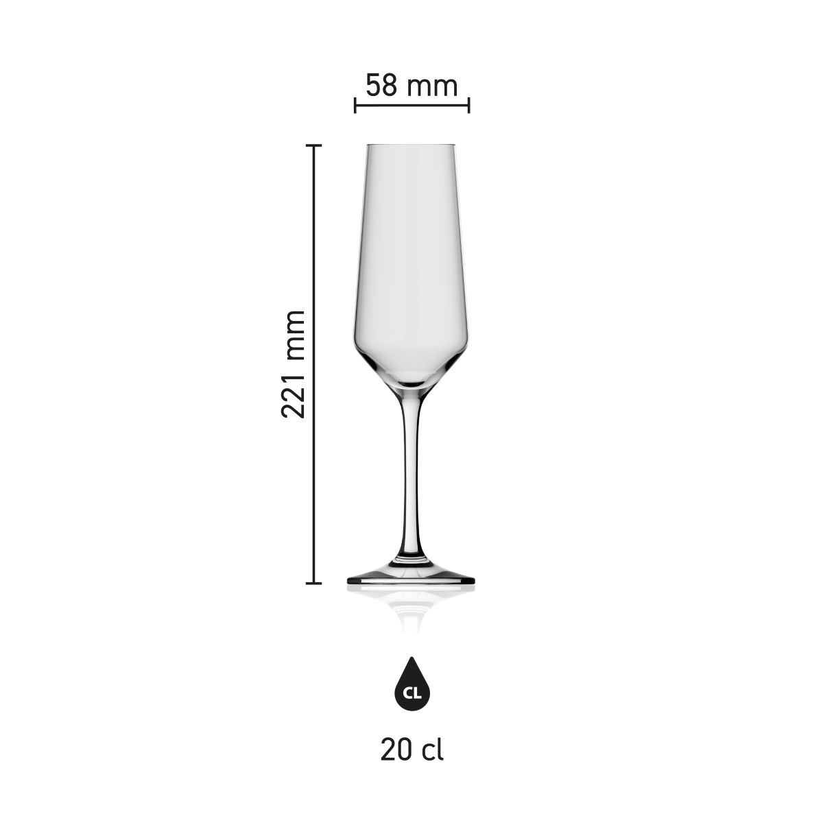 Infographic showing height and capacity of the Melody champagne glass 20 cl, displayed with size markings.