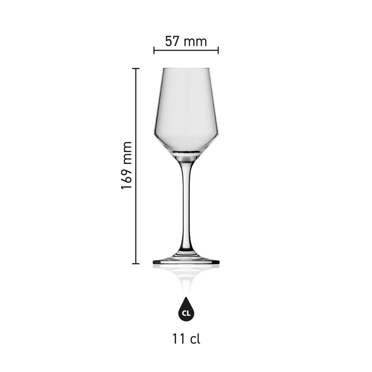 Infographic showing dimensions of Melody liqueur glass 11 cl, including height and diameter in millimetres.